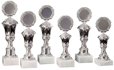 Sechs Pokale Bornheim 6-er Pokalserie 197 mm – 265 mm PK754600-6-E50 mit runden Oberteilen und weißen Sockeln sind in einer Reihe angeordnet.